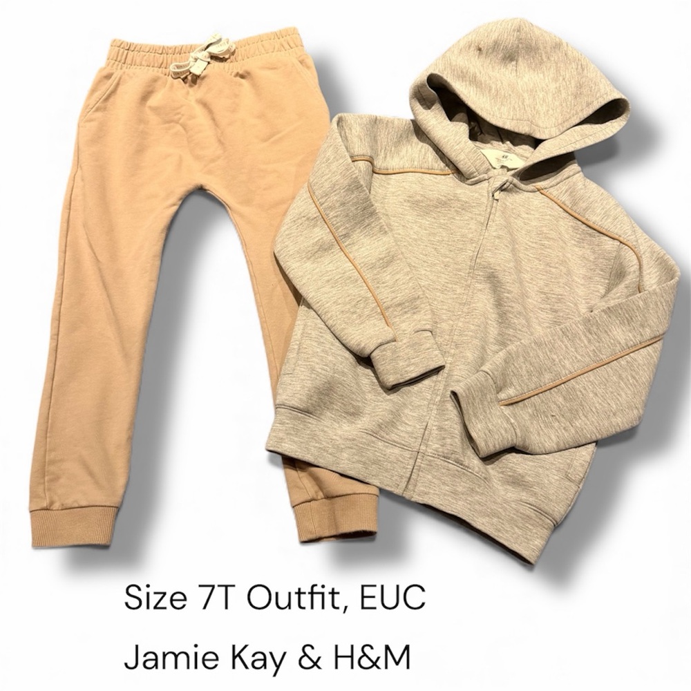 EUC H&M Zip Up Thick Hoodie & Jamie Kay Joggers Set, Gray & Beige (Kids 6X/7)
